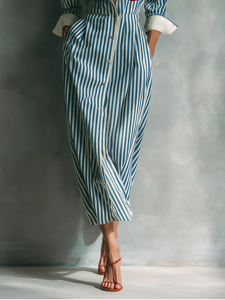 Robe chemise élégante à rayures pour femme, col rabattu décontracté, blocs de couleur, poches, longue, nouvelle tendance, gracieuse