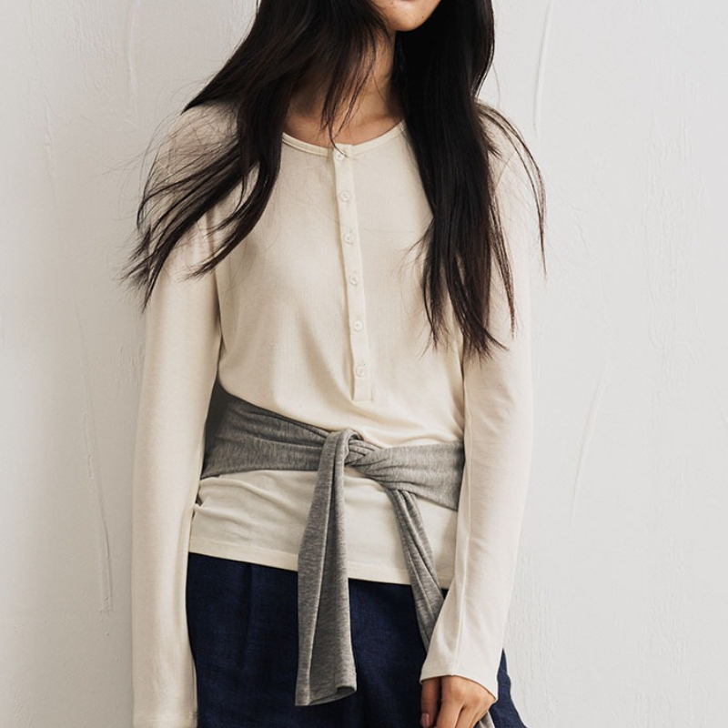 Chemise basique en laine de soie pour femmes, tricot Slim à col rond et boutons, haut à manches longues rayé de couleur unie, automne hiver