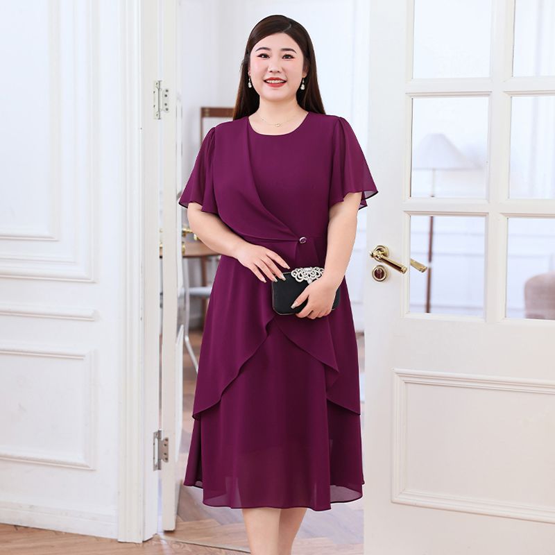 Robe midi à volants pour femmes grandes tailles, couleur unie, manches courtes, col rond, robe de soirée élégante