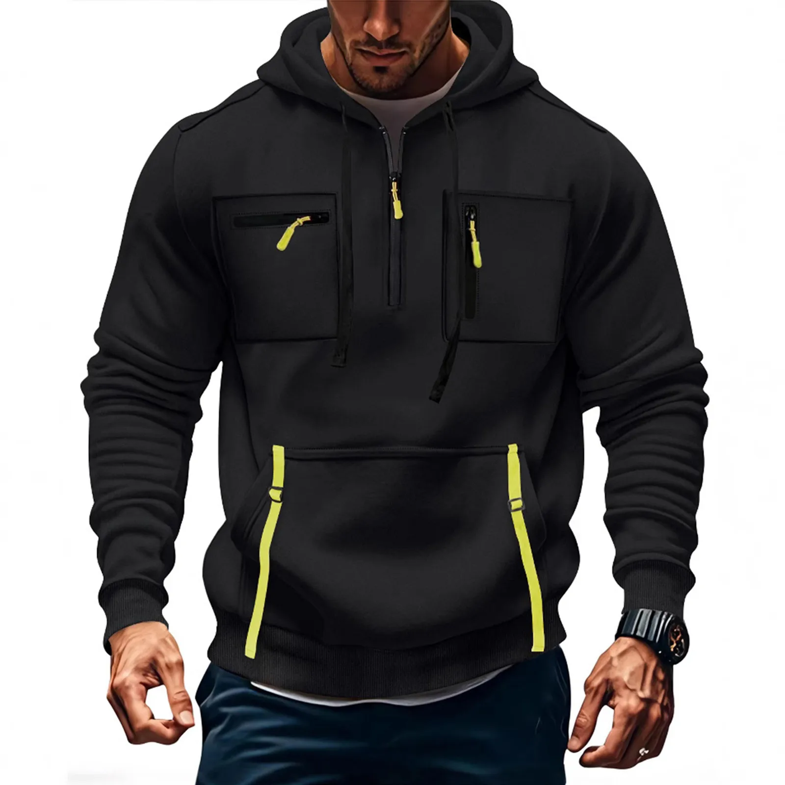 Sweat à capuche décontracté pour homme 2025 – Nouvelle mode avec poches et fermeture éclair – Couleur unie – Coupe ample – Idéal pour la course en extérieur et le streetwear