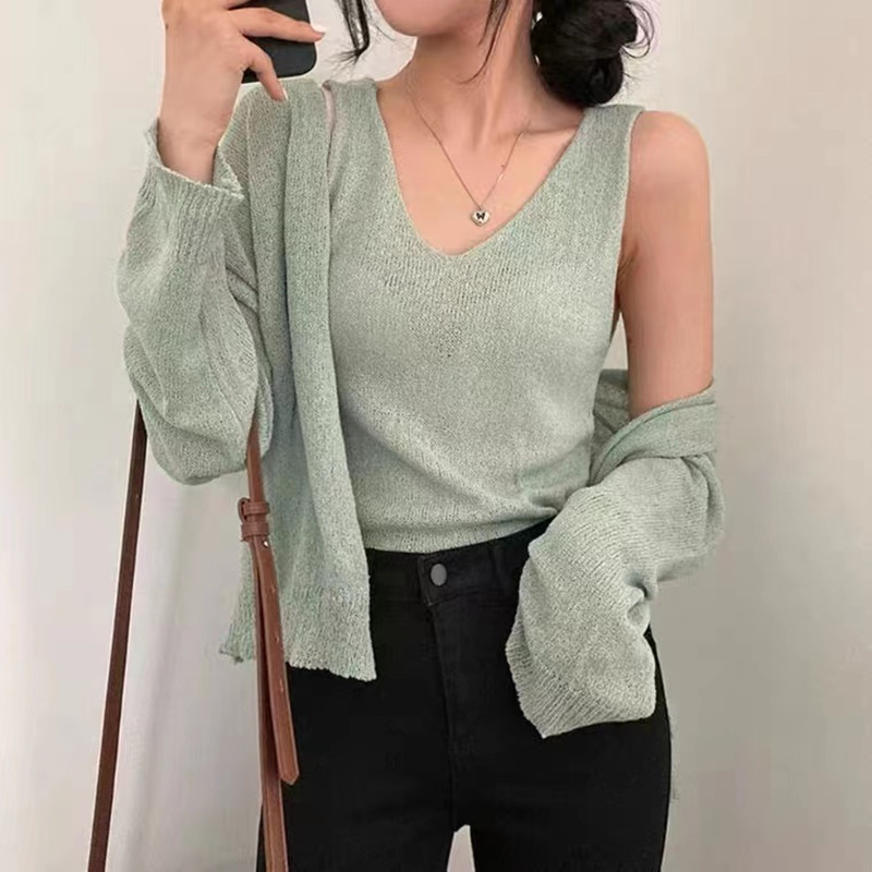 Débardeur à col en V pour femmes, chemise de protection solaire, ensembles de sucirculation, cardigan décontracté, manteau féminin, mode coréenne, 2 pièces