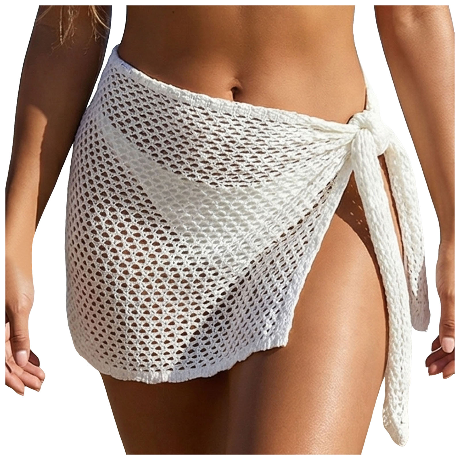 Jupe de plage en crochet pour femme, mini-jupe ajourée en maille avec nœud à nouer sur le côté, cache-maillot de bain pour les vacances d'été