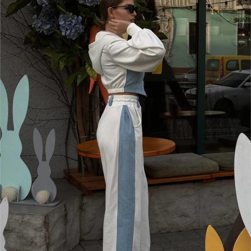 Ensemble de pantalons à capuche en Patchwork de couleurs contrastées pour femmes, manteaux courts à capuche avec fermeture éclair, pantalon à jambes larges, survêtement de printemps et d'automne