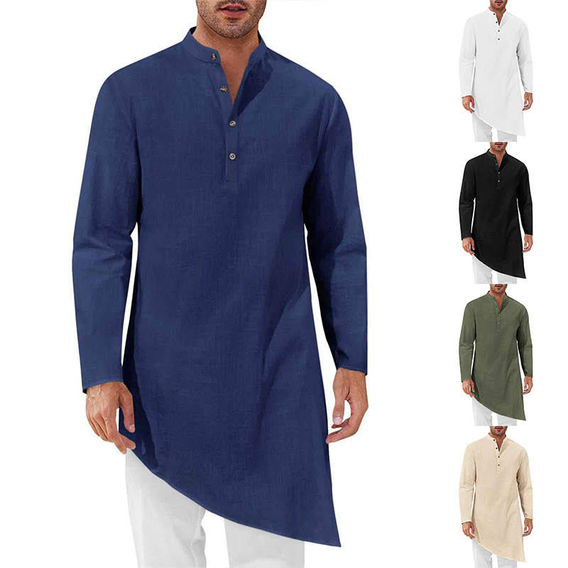 Chemises à manches longues pour hommes musulmans, col mandarin, ourlet irrégulier, couleur unie, vêtements décontractés de style Dubaï, abaya islamique, vêtements ethniques, tailles S-3XL