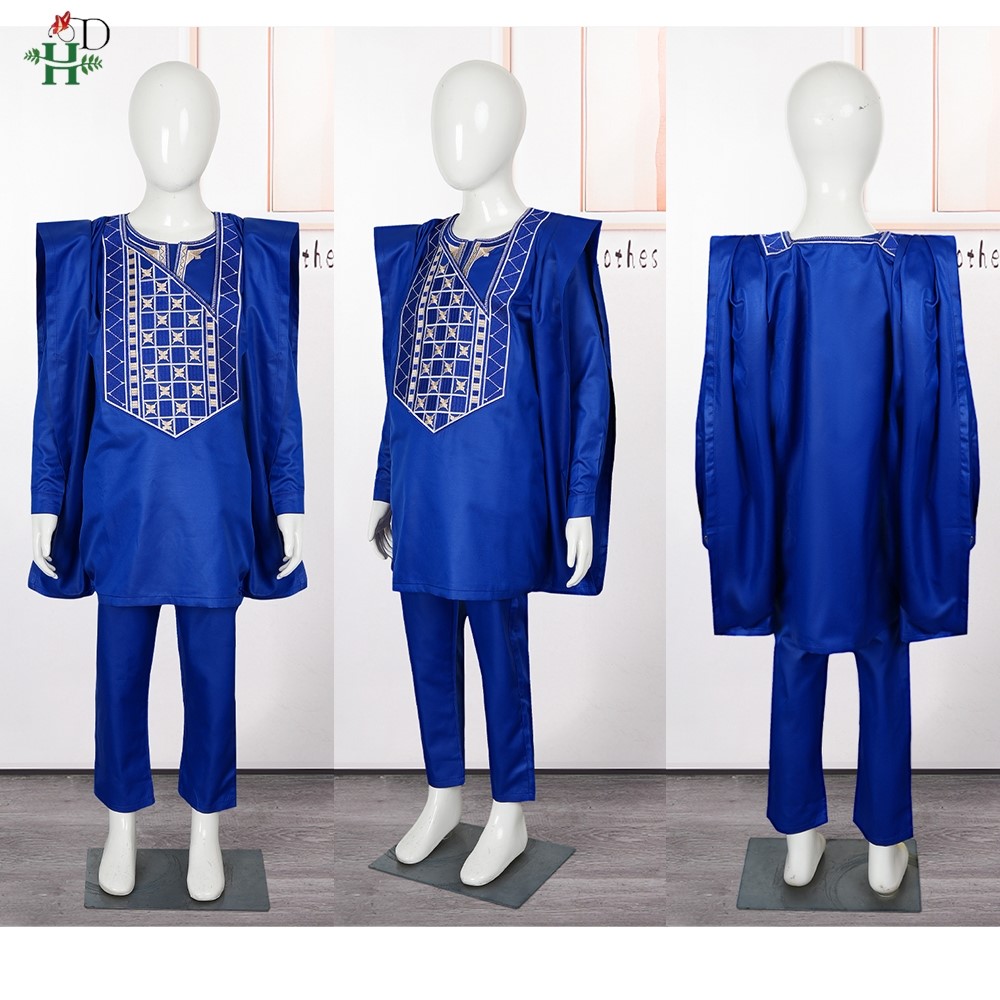 H & D – vêtements africains pour enfants, Ankara Dashiki traditionnel pour garçons de 2 à 10 ans, 3 pièces, broderie Thobe, mode Bazin, caftan bleu 2025
