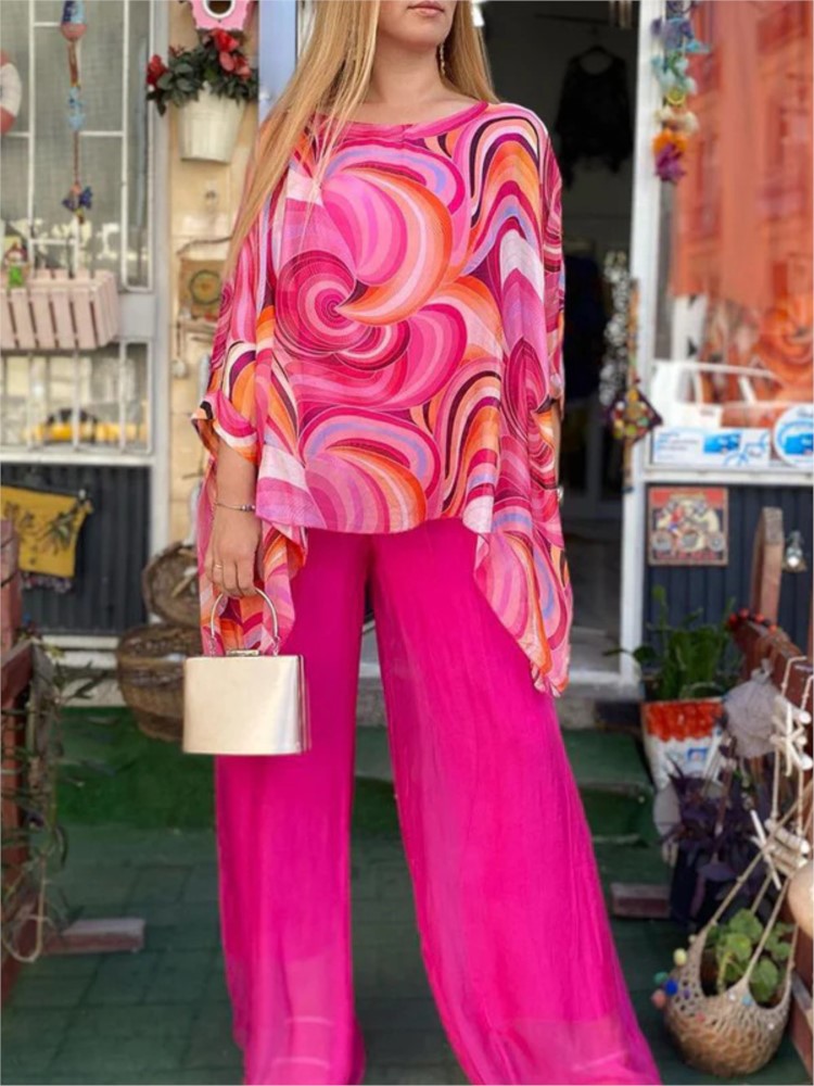 Femmes mode imprimé ensembles décontracté ample O cou hauts et taille haute jambe large pantalons longs deux pièces ensembles dame été femmes vêtements
