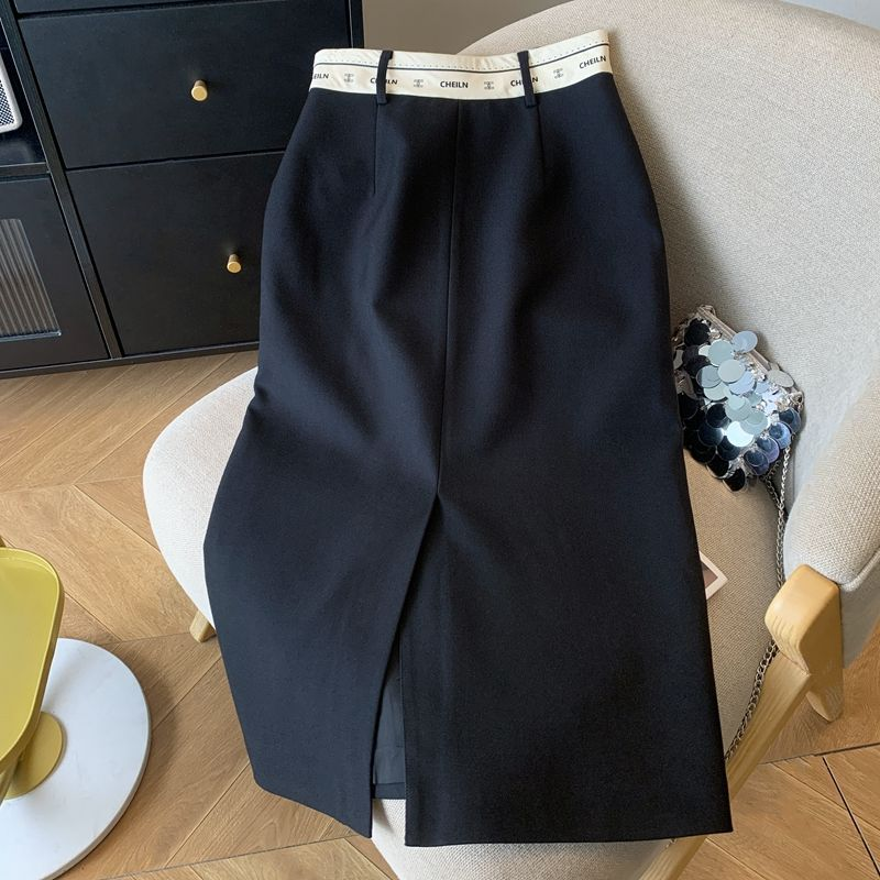 Jupe midi noire taille haute pour femme, jupe crayon moulante avec ceinture contrastante, jupe élégante pour le bureau