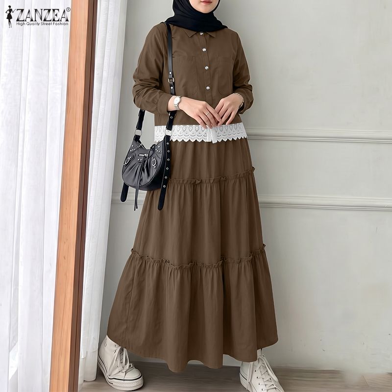 Ensembles 2 Pièces Musulmans pour Femmes Tenues d'Automne ZANZEA Col Revers Manches Longues Robe Chemise à Bordure Dentelle Ensembles Jupe Élégante Costume Ramadan