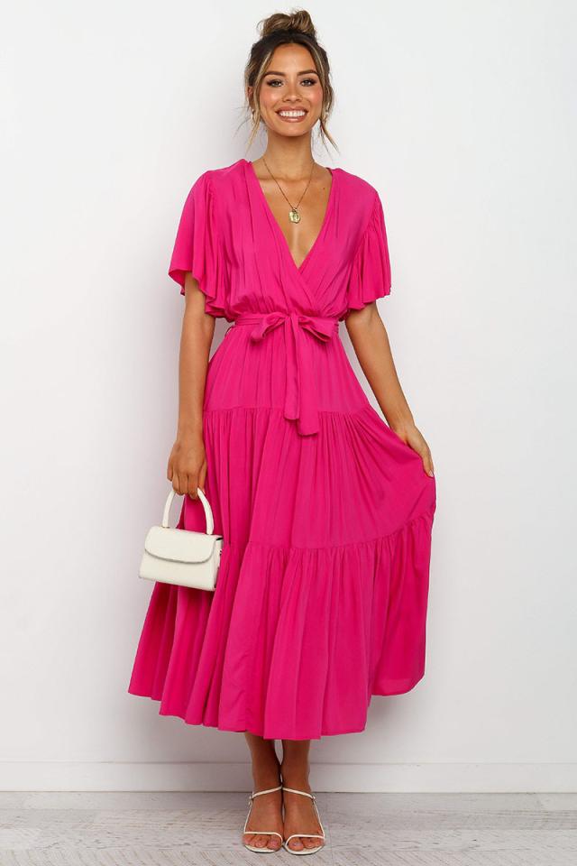Robe longue décontractée pour femmes, col en V, manches courtes à volants, ceinture à nouer soi-même, volants superposés, tissu léger.