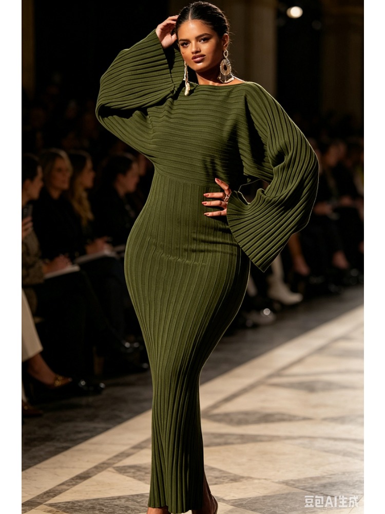 Robe noire en maille pour femme, col rond, manches longues, moulante, mi-longue, élégante, très extensible, légère et ample