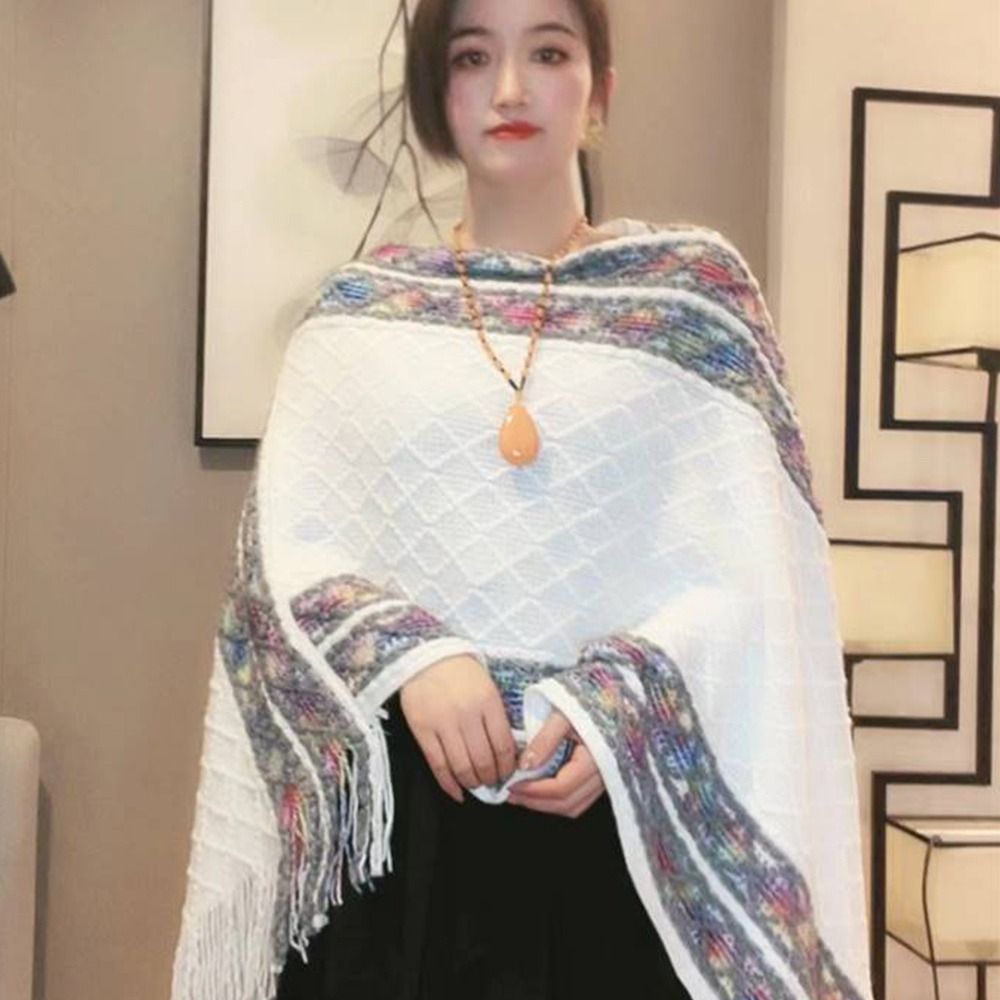 Poncho mongol chaud en peluche pour femme, Style ethnique, Imitation cachemire, rayures rhombiques, pompon, châle, enveloppes en tricot, mode hiver