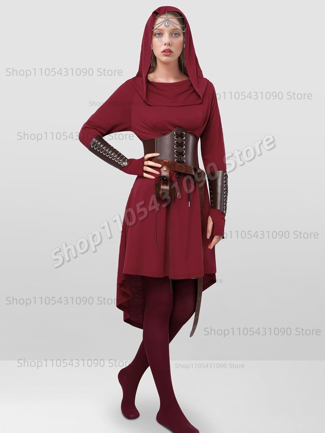Tenue d'elfe forestier vintage, robe médiévale à capuche irrégulière avec ceinture, protège-bras, accessoires d'elfe, costume de cosplay