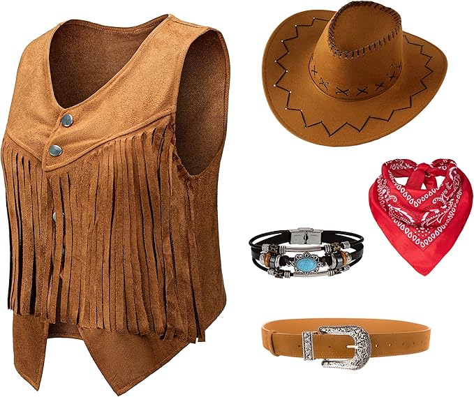 Costume de Cowgirl pour femmes et hommes, gilet occidental, chapeau, ceinture, ensemble Bandana pour Cowboy, glands, gilet à franges, tenues d'halloween, Cosplay du Wild West