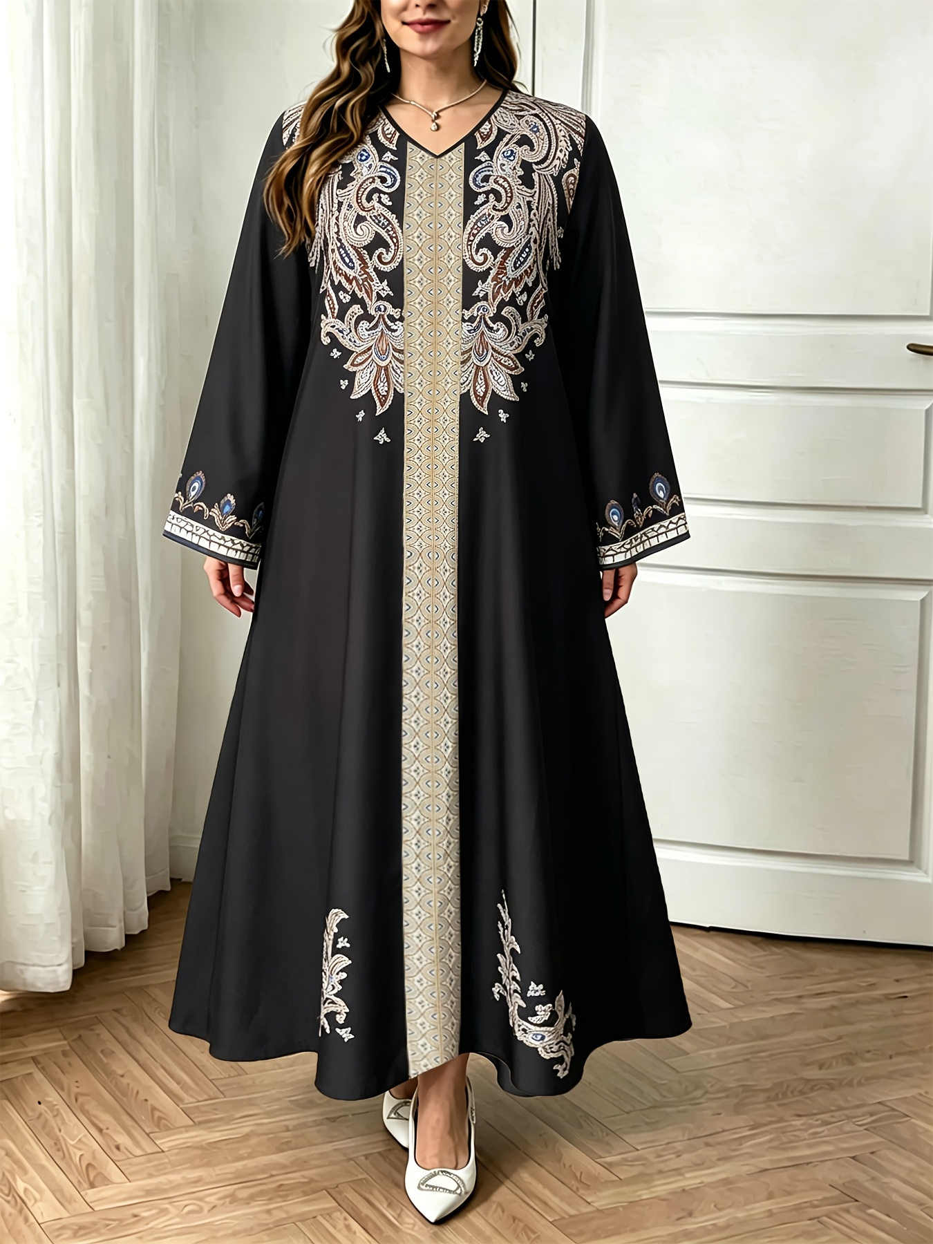 Robe du Moyen-Orient Printemps Automne Mode Femme Imprimé Ethnique Décontractée Confortable Style Vacances Robe à Manches Longues