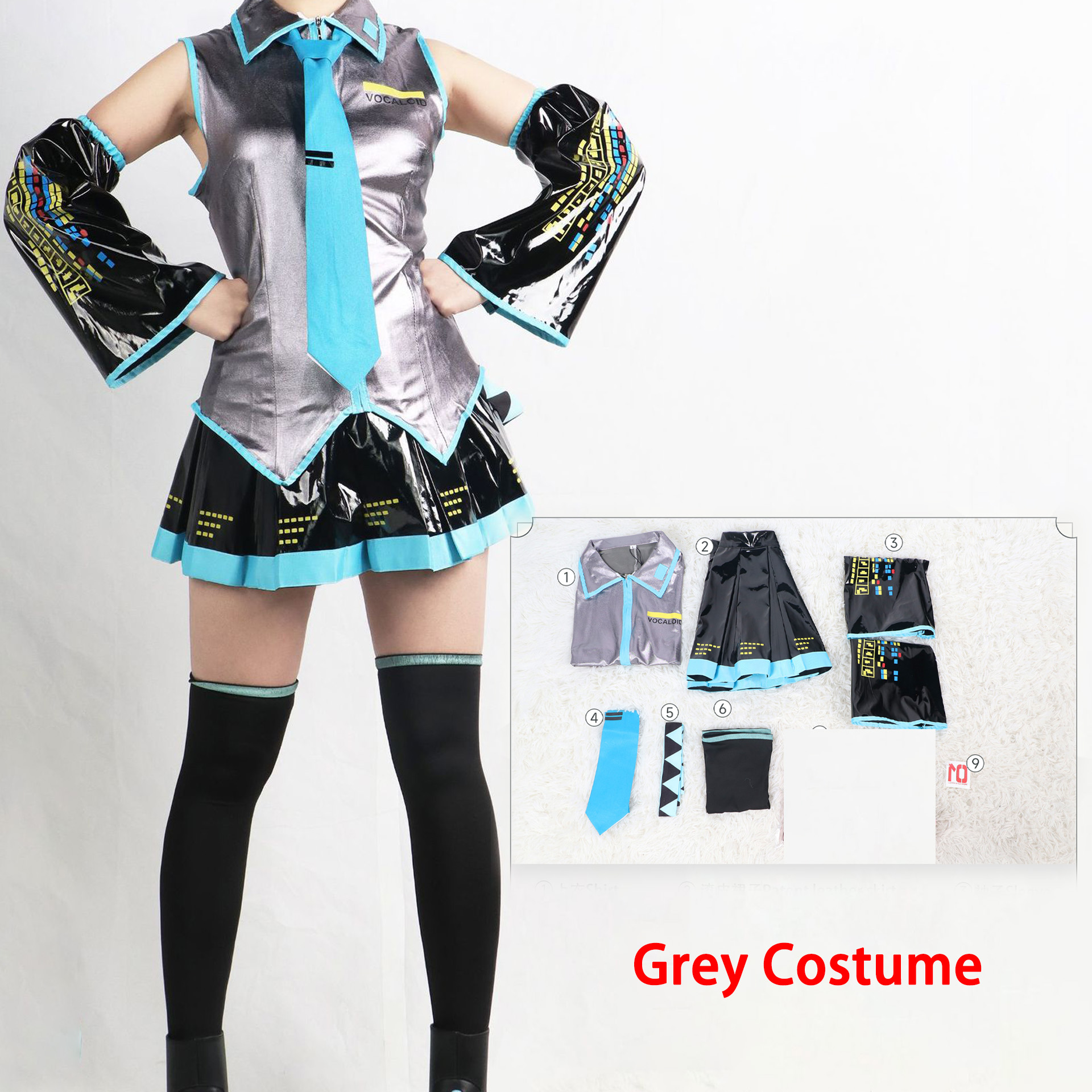 Costume de Cosplay Miku, ensemble complet en tissu cuir argenté, couvre-chef de Cosplay, tenue de Costume, robe de marin JK, uniforme scolaire