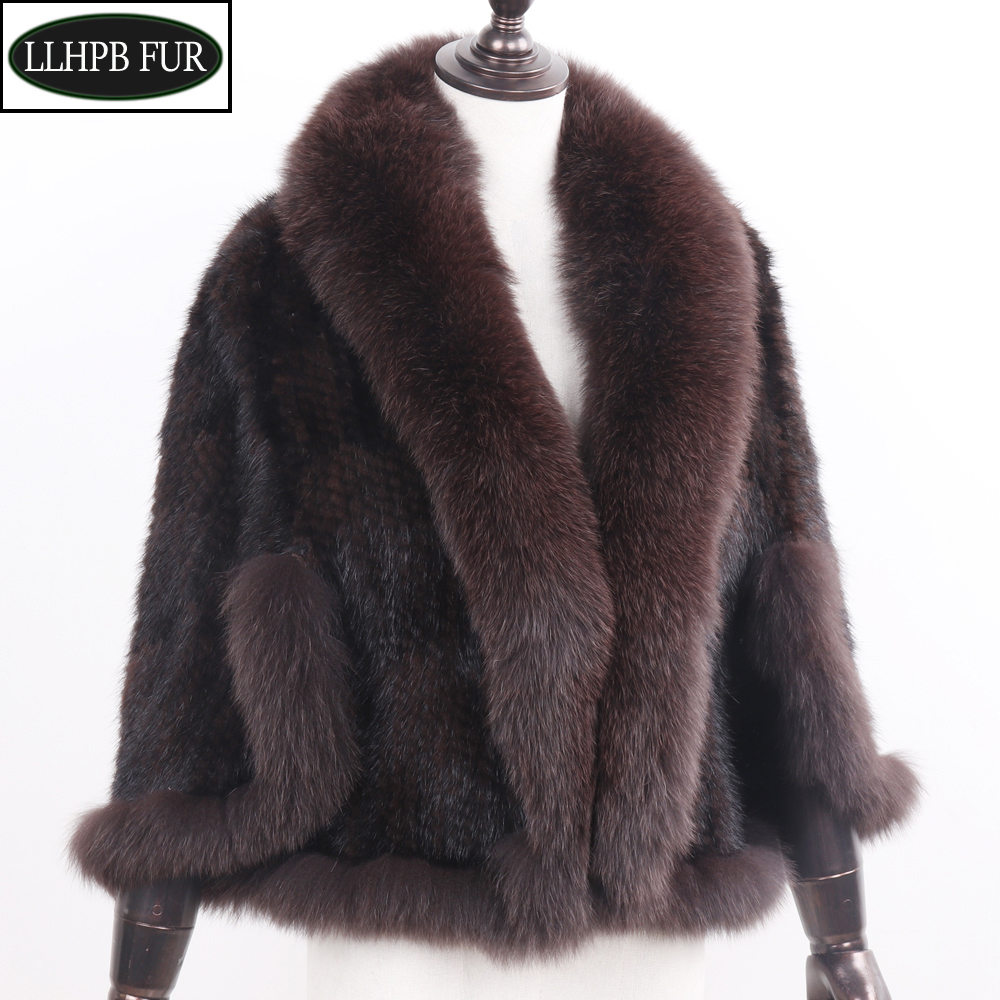 Nouveau véritable fourrure de vison naturelle Pashmina femmes mode tricoté écharpe de fourrure de vison dame vraie fourrure de vison et col de fourrure de renard Poncho châle