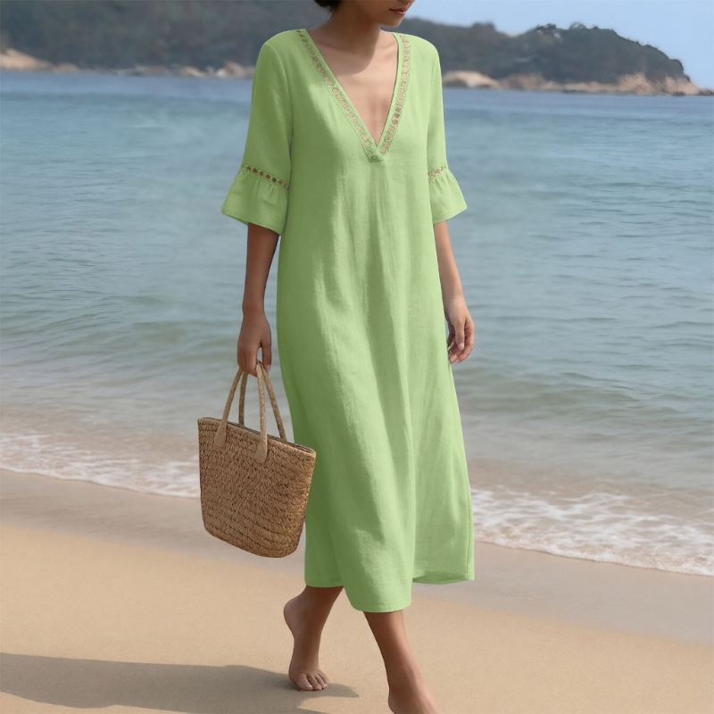 Robes longues fluides en dentelle à manches mi-longues et col en V pour femmes, coupe ample en gaze de coton