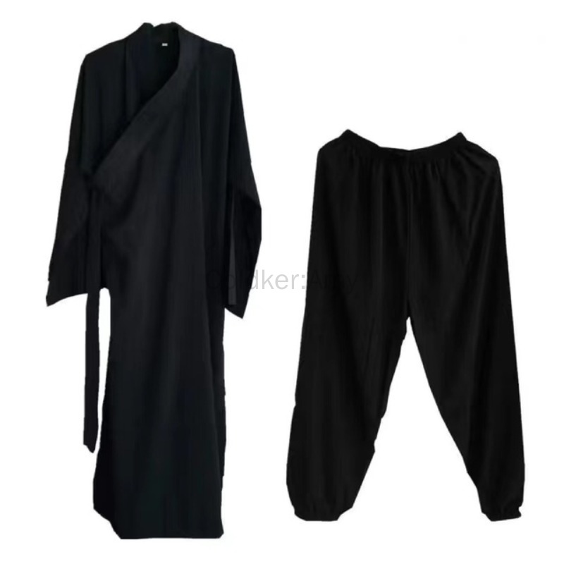 Costume de moine Kung Fu noir bleu marine pour adultes, robe longue unisexe, robe Hanfu vintage, costume traditionnel chinois