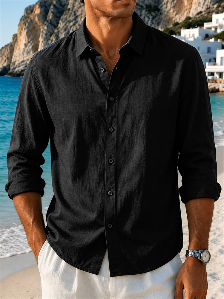 Chemise à manches longues pour homme, col classique, style simple, simple boutonnage, couleur unie, en coton et lin léger