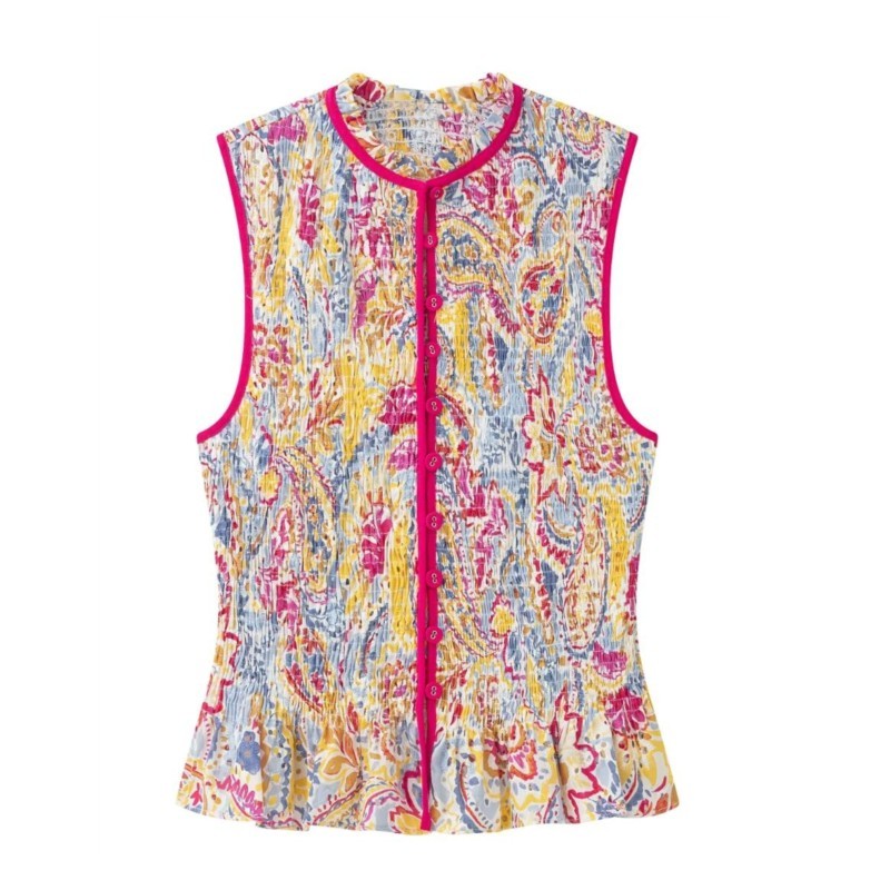 Ensemble jupe imprimée pour femme, haut sans manches à col rond avec boutons, jupe brodée ajourée à fermeture éclair, ensemble décontracté 2 pièces tendance pour l'été