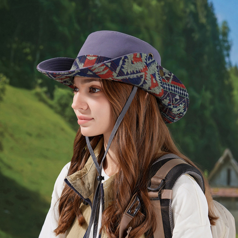 Chapeau de pêcheur à large bord de style ethnique, protection solaire, unisexe, pour la randonnée et le camping, pliable et respirant, avec cordon coupe-vent, adapté à la randonnée et au trekking
