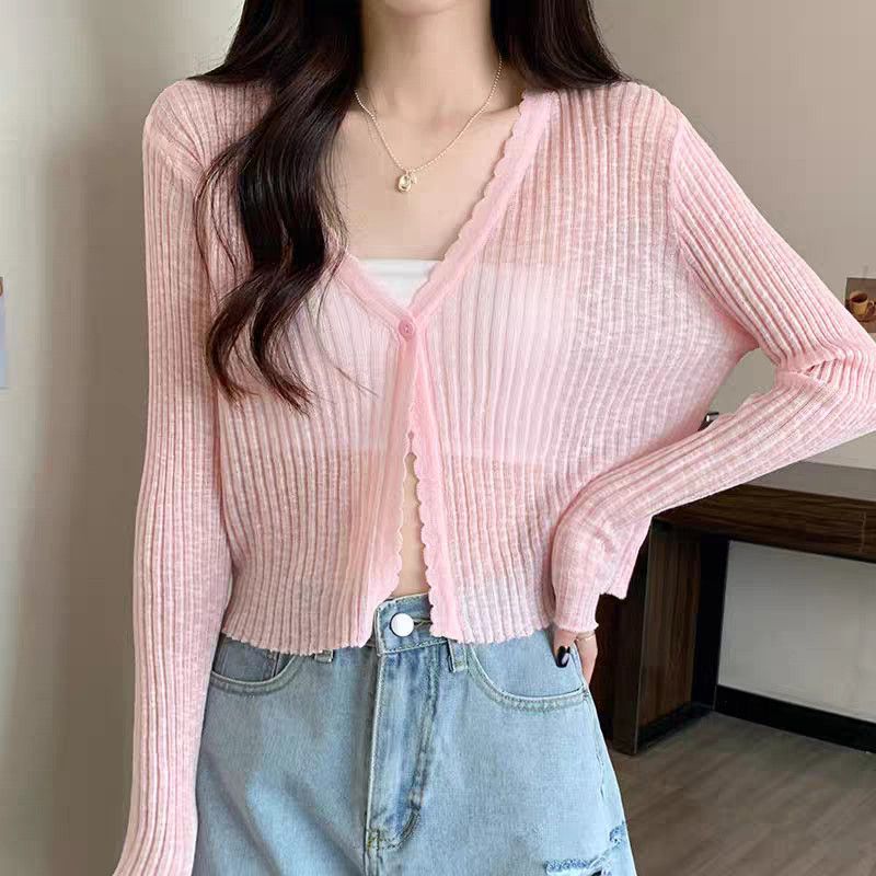 Cardigan en tricot fin et décontracté pour femmes, vêtements d'été doux, taille haute, couverture châle, chemise, col en v, boutons, hauts de protection solaire