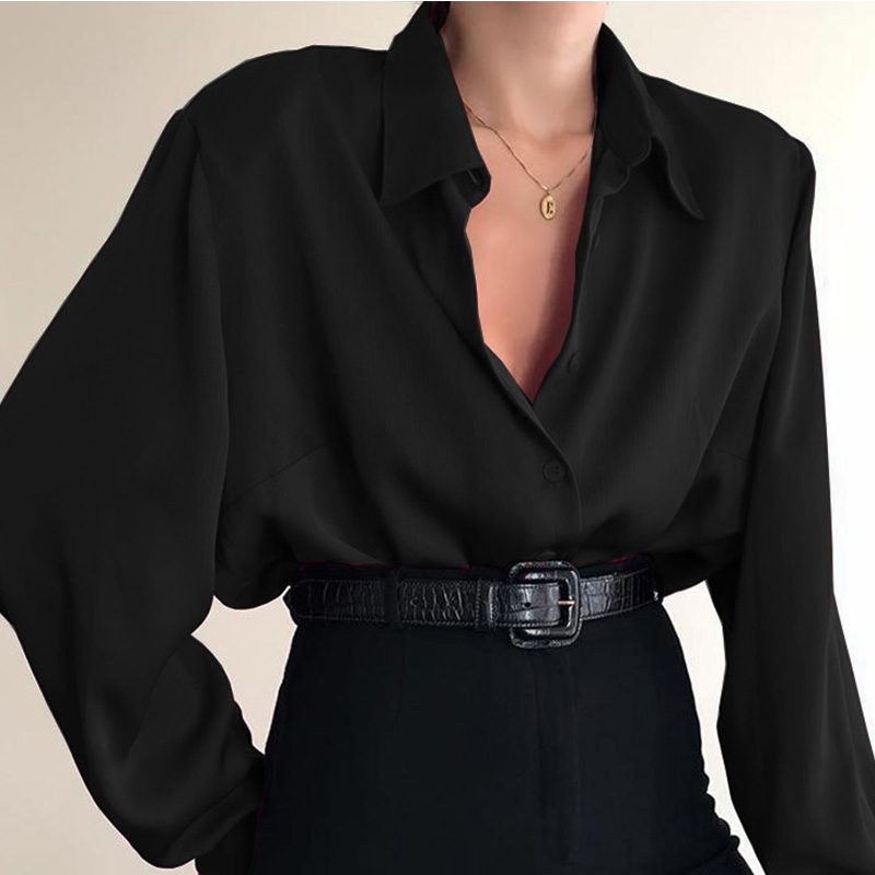 Chemises boutonnées à col rabattu pour femmes, chemisiers décontractés à manches longues pour femmes de bureau, chemise baggy pour avocat, rouge vin et noir