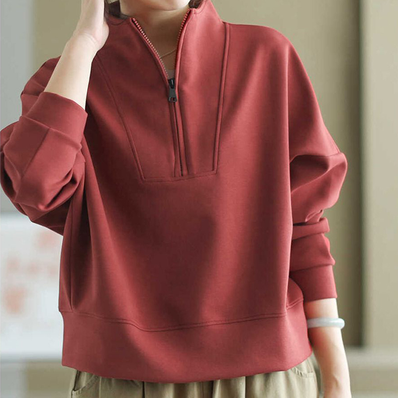Sweat-shirt à col montant et demi-zip pour femme, couleur unie, doux, à manches longues, pull décontracté et confortable pour femme, collection printemps