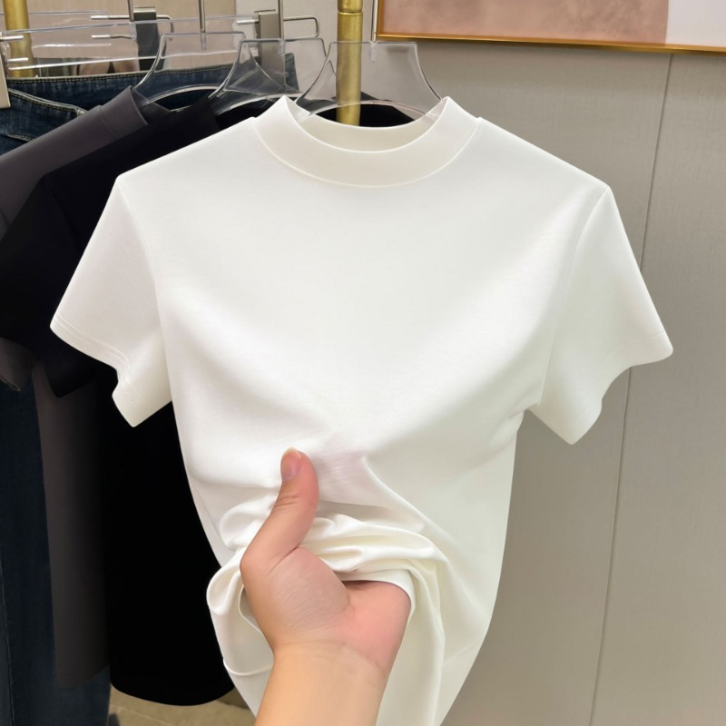 T-shirt manches courtes femme, décontracté, couleur unie, Slim Fit, élégant, basique, col mi-haut, Simple, été