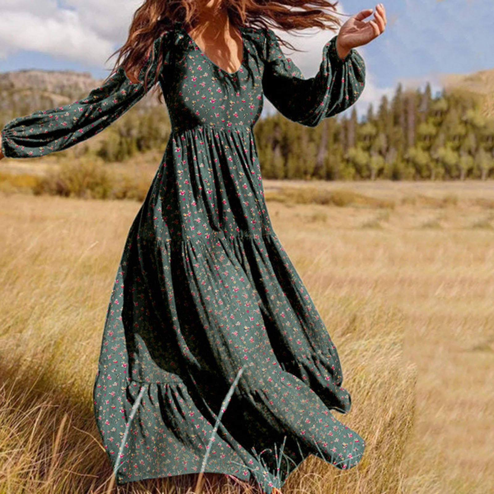 Robe longue décontractée à imprimé floral pour femmes, manches à col en V, robe trapèze, mode élégante, style plage, vacances