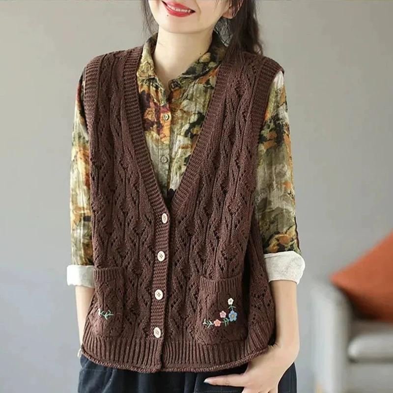 Gilet en tricot de mode coréenne pour femme, sans manches, avec poche fleurie, printemps-été, style vintage