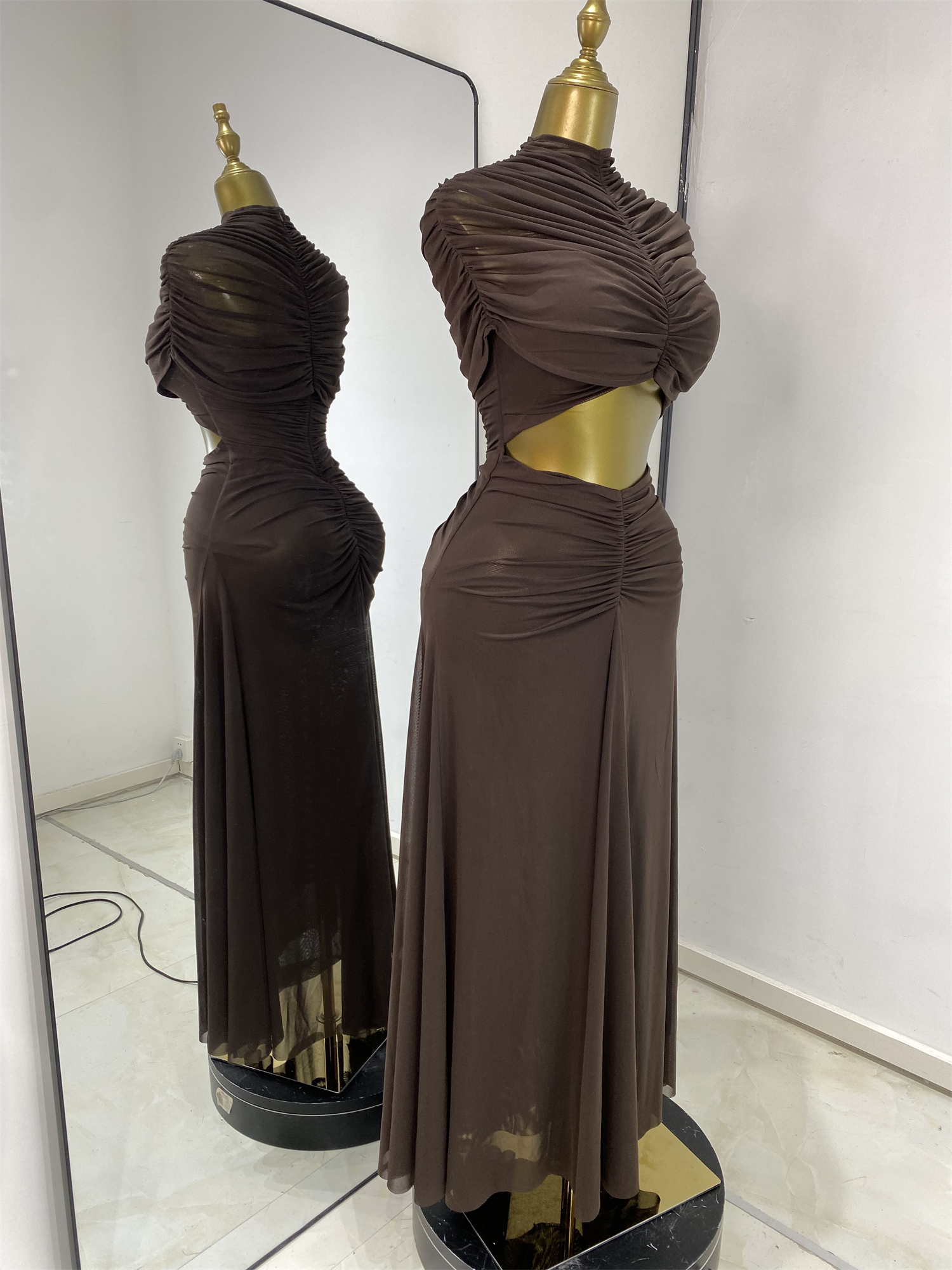 Robes de soirée femme élégante marron transparent drapé découpé Maxi robe longue douce confortable haute rue sortir robe de vacances