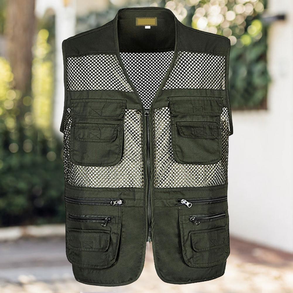 Gilet en maille évidée pour hommes, fermeture à glissière, veste multi-poches pour hommes, gilet léger en fibre, vêtements de travail, été