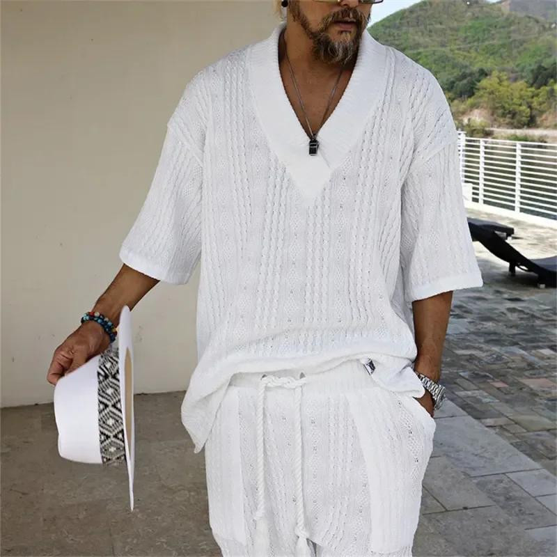 Ensemble deux pièces tricoté pour hommes, ensemble Short et haut décontracté, col en v, T-shirt à manches courtes et Short, Streetwear, tenues en tricot, été