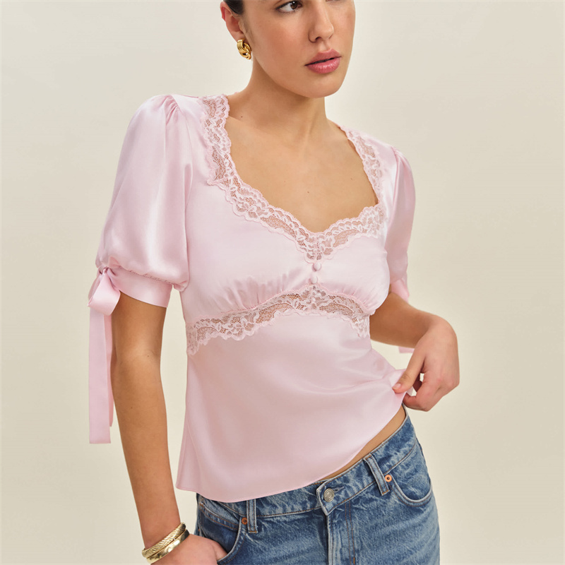Chemisier d'été en Satin pour femmes, hauts en dentelle, Patchwork, manches courtes bouffantes, col en v, avec attaches en ruban réglables