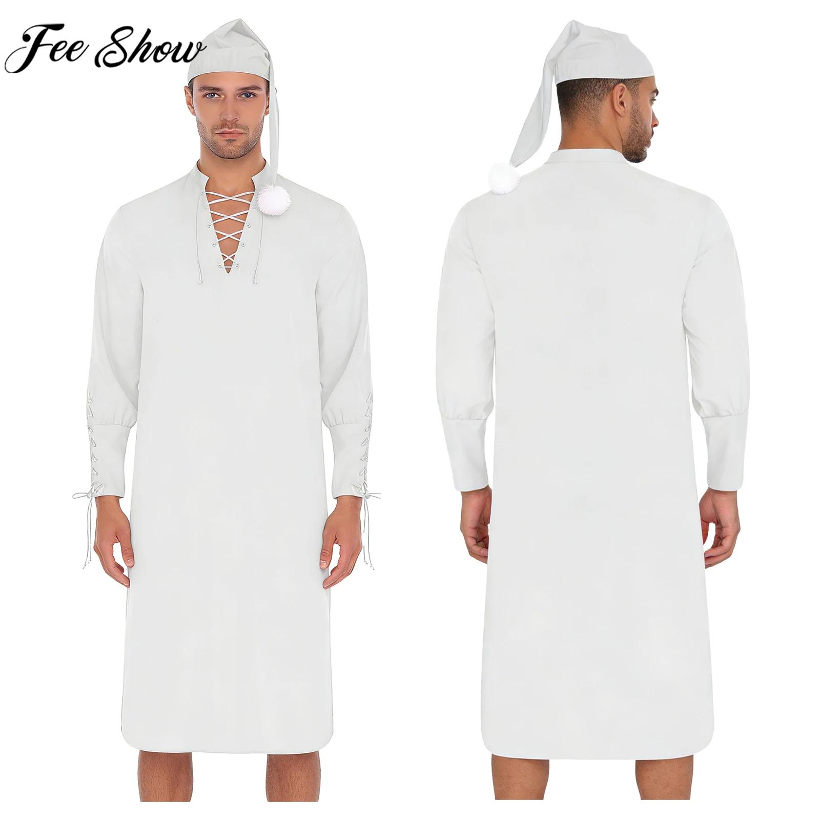 Robe de nuit Vintage Renaissance pour hommes, chemise de nuit ample à manches longues avec chapeau, pyjama de carnaval de noël, Costume de fête, vêtements de nuit