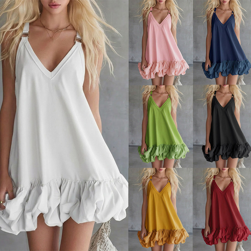 Nouvelle Robe Épaules Dénudées 2026 pour Femme – Élégante, Décontractée, Couleur Unie, Col en V, Mini-Jupe à Volants – Style Urbain, Robe d'Été