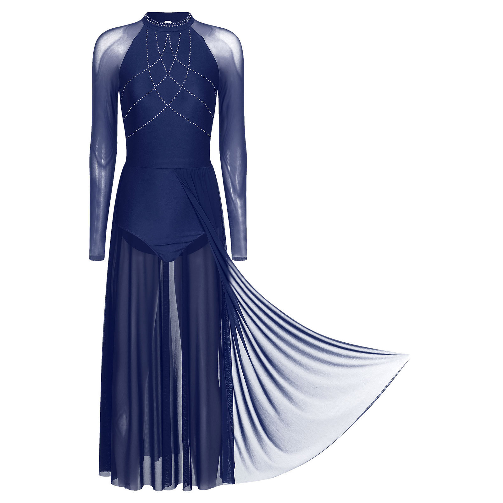 Robe de spectacle de danse lyrique moderne pour femmes, justaucorps de Ballet, gymnastique, patinage, manches longues, strass, maille transparente, vêtements de danse
