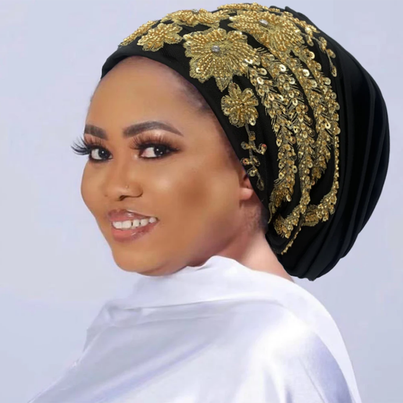 Africain femme enveloppement tête Bonnet musulman Turban chapeau dame tête enveloppes paillettes Luminescence perles plissé Turban casquette pour les femmes
