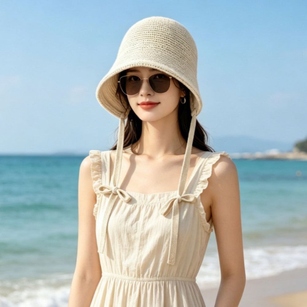 Chapeau Bob Tricoté Style Ethnique pour Femme, Chapeau de Pêcheur Respirant Creux pour l'Été, Grande Circonférence de Tête, Protection Solaire Extérieure