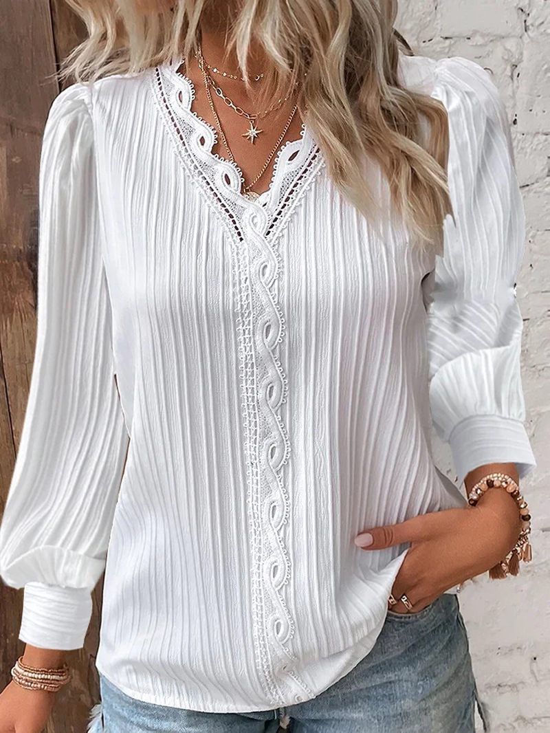 Chemisiers blancs pour femmes, couture en dentelle, col en v, chemise Simple en mousseline de soie, pull à manches longues, haut ample, élégant, rue, automne