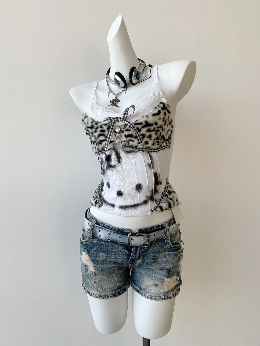 Débardeur léopard Patchwork pour femmes, garniture en dentelle, Camisole sans manches avec détail de nœud, esthétique Grunge, Sexy, Streetwear, gilet 2025