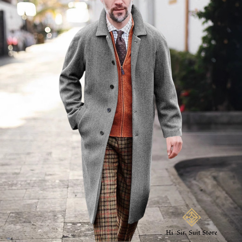 Rétro hommes Long Trench manteau chevrons vestes Tweed coupe ajustée bal Peacoat laine mélange Blazer manteaux décontracté hommes veste d'hiver