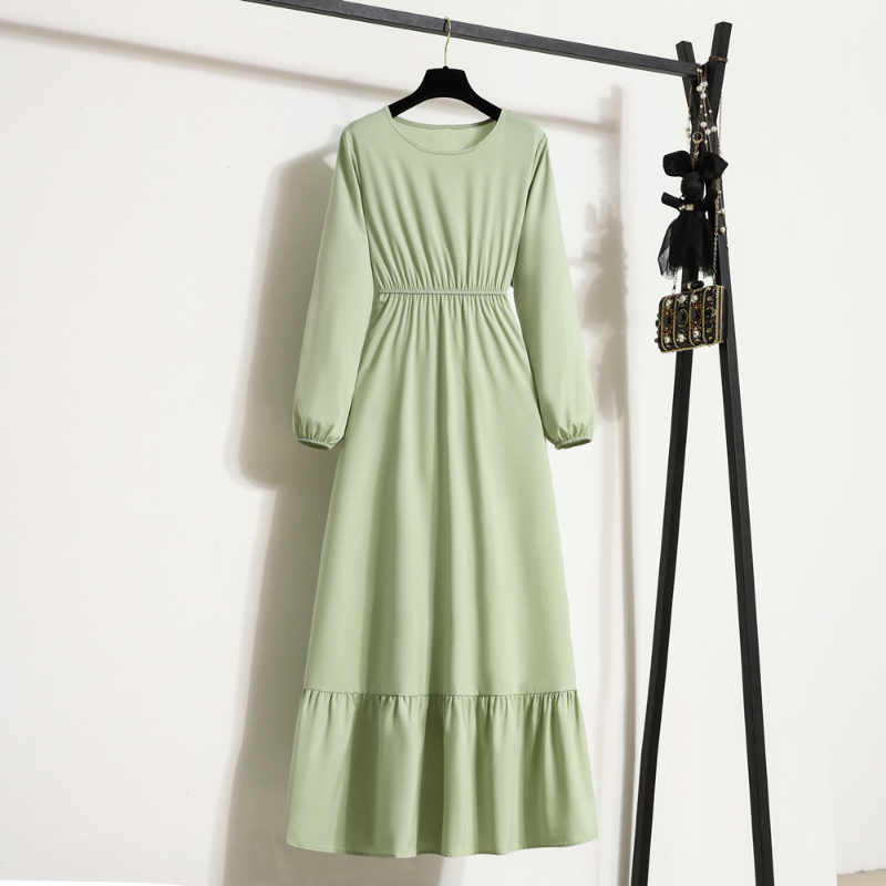 Femmes robe longue printemps automne Mujer robes solide manches longues col rond décontracté robes en mousseline de soie musulman solide robes Maxi en vrac
