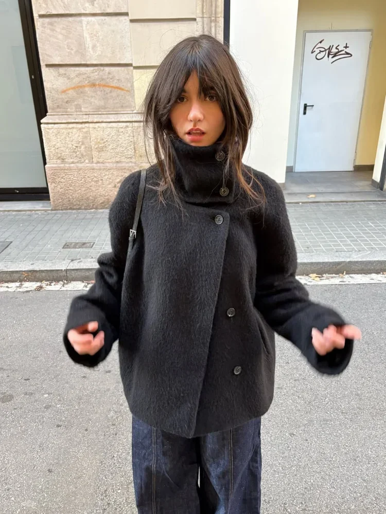 Femmes mode solide laine manteaux décontracté col haut manches longues simple boutonnage ample recadrée manteau dame rue loisirs vêtements d'extérieur