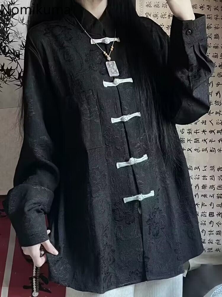 Chemisier Vintage femmes chemise noire col montant chemises à manches longues hauts surdimensionnés Harajuku mode Blouses gothique Blusas De Mujer