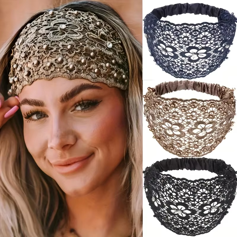 Bandeau amissié en polyester avec dentelle florale, élégant, avec perles, élastique, ensemble d'accessoires pour cheveux, motif