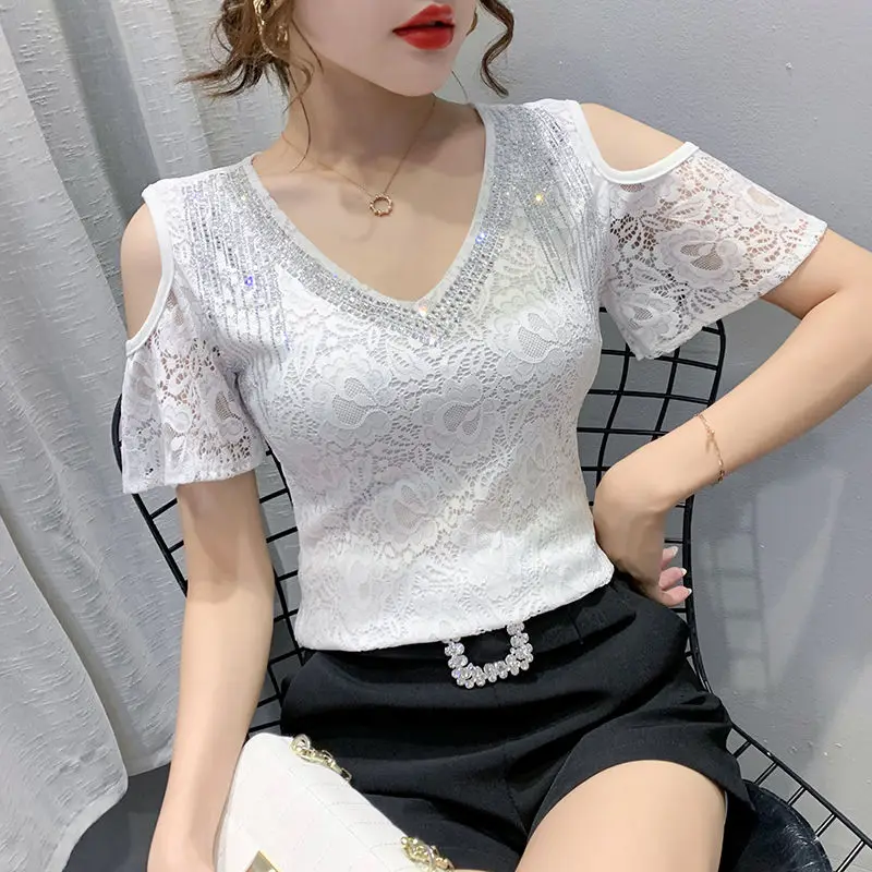 T-shirt à paillettes pour femmes, épaules dénudées, Streetwear coréen, vêtements esthétiques de base, vêtements de vente bon marché, commentaires, vente en gros
