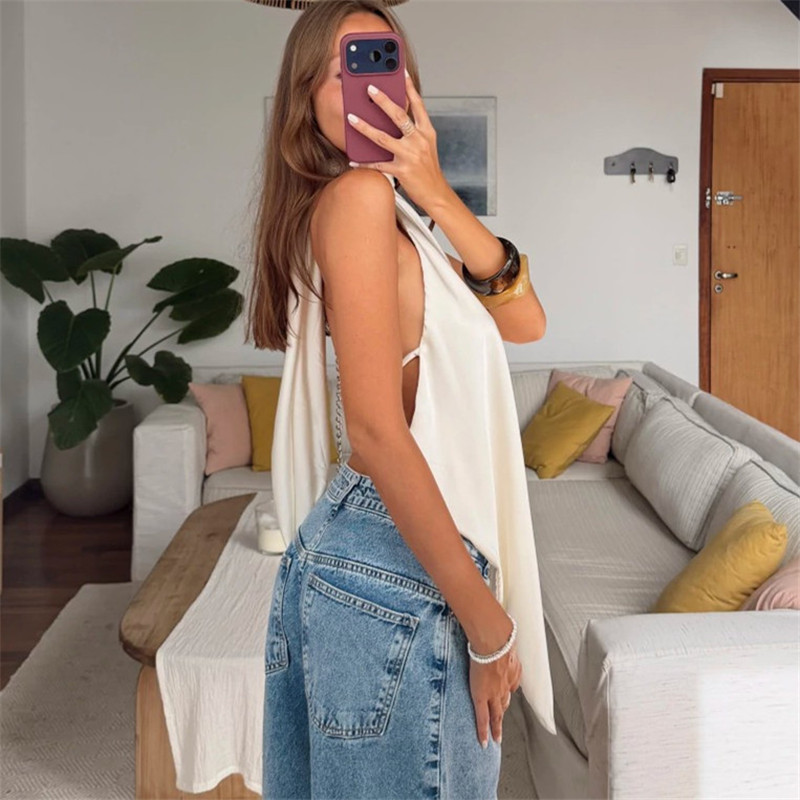 Hirigin – Hauts en satin pour femmes, dos nu sexy, asymétriques, sans manches, à lacets au dos, en soie, pour sortir