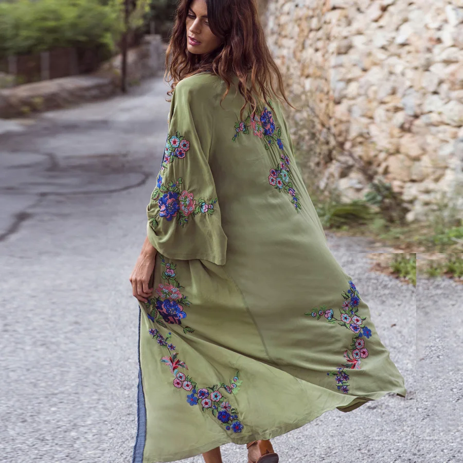 TEELYNN Cardigan long en coton et rayonne brodé de fleurs pour femme, robe kaftan d'été, chemisier de plage, blouse ample à manches longues, style bohème, Vestidos